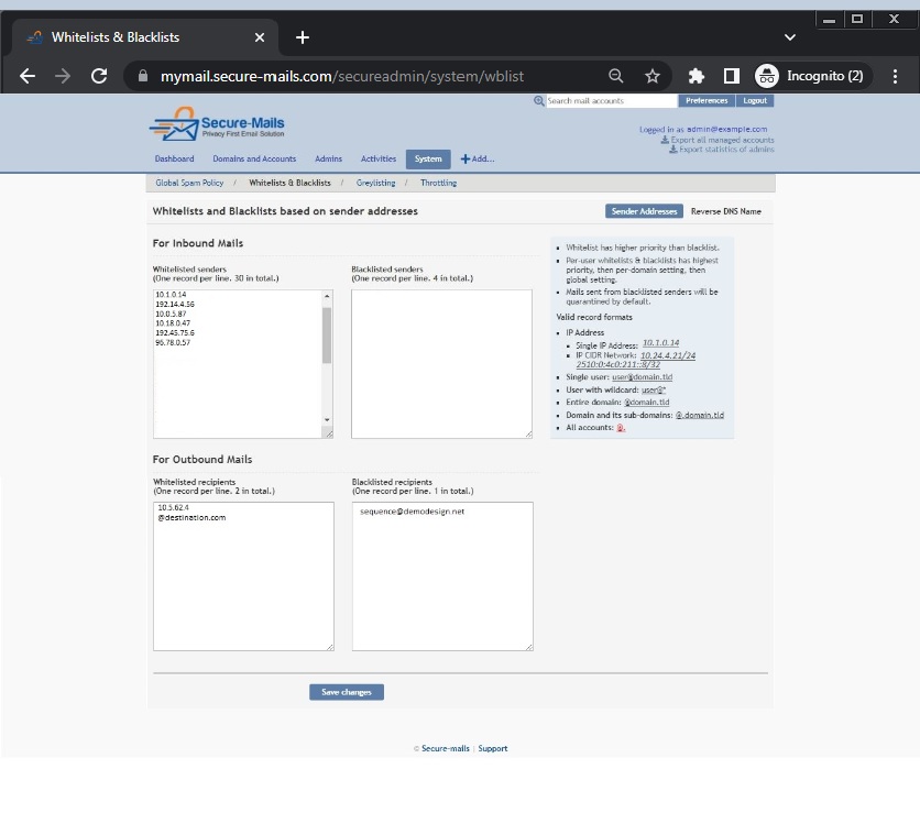 whitelist Blacklist Interface